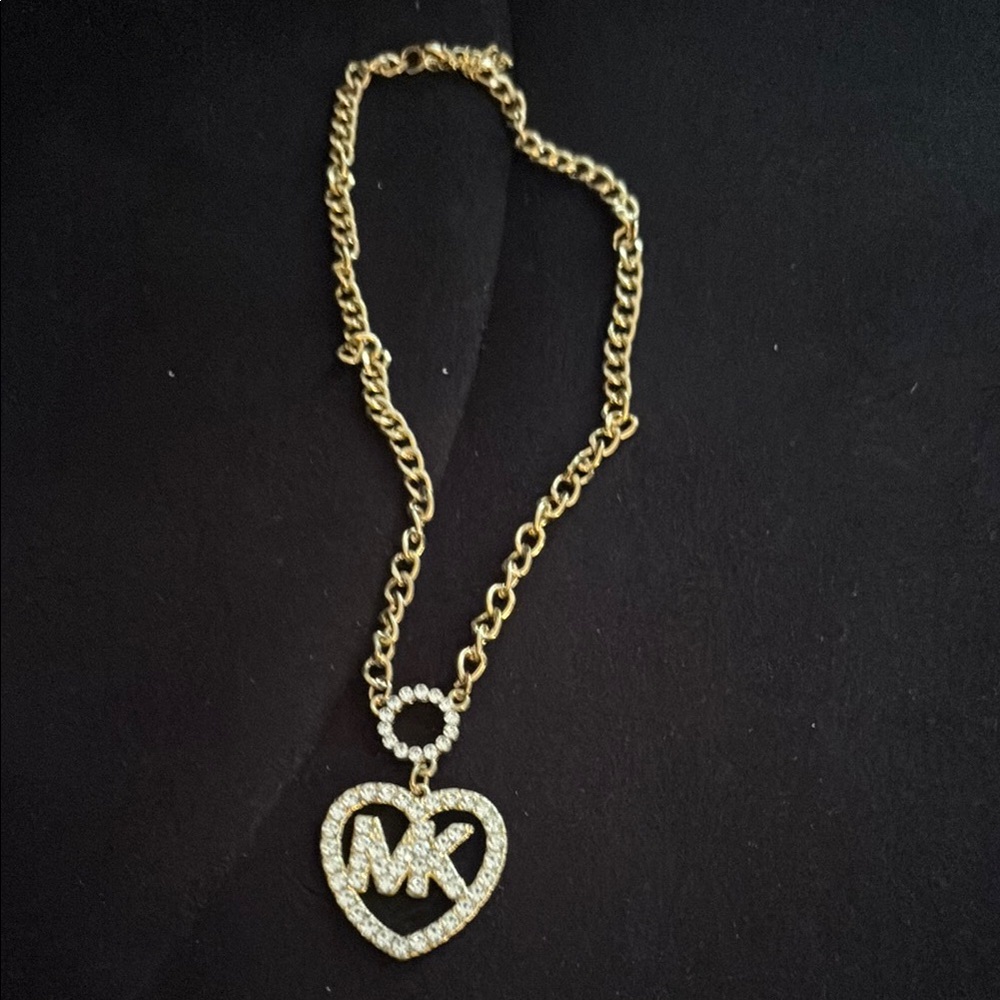 Gold Michael Kors Heart Pendant Necklace with Rhinestones